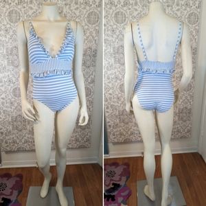 J.Crew Pale Blue & White Striped Juliette One Piece Swimsuit Sz 10